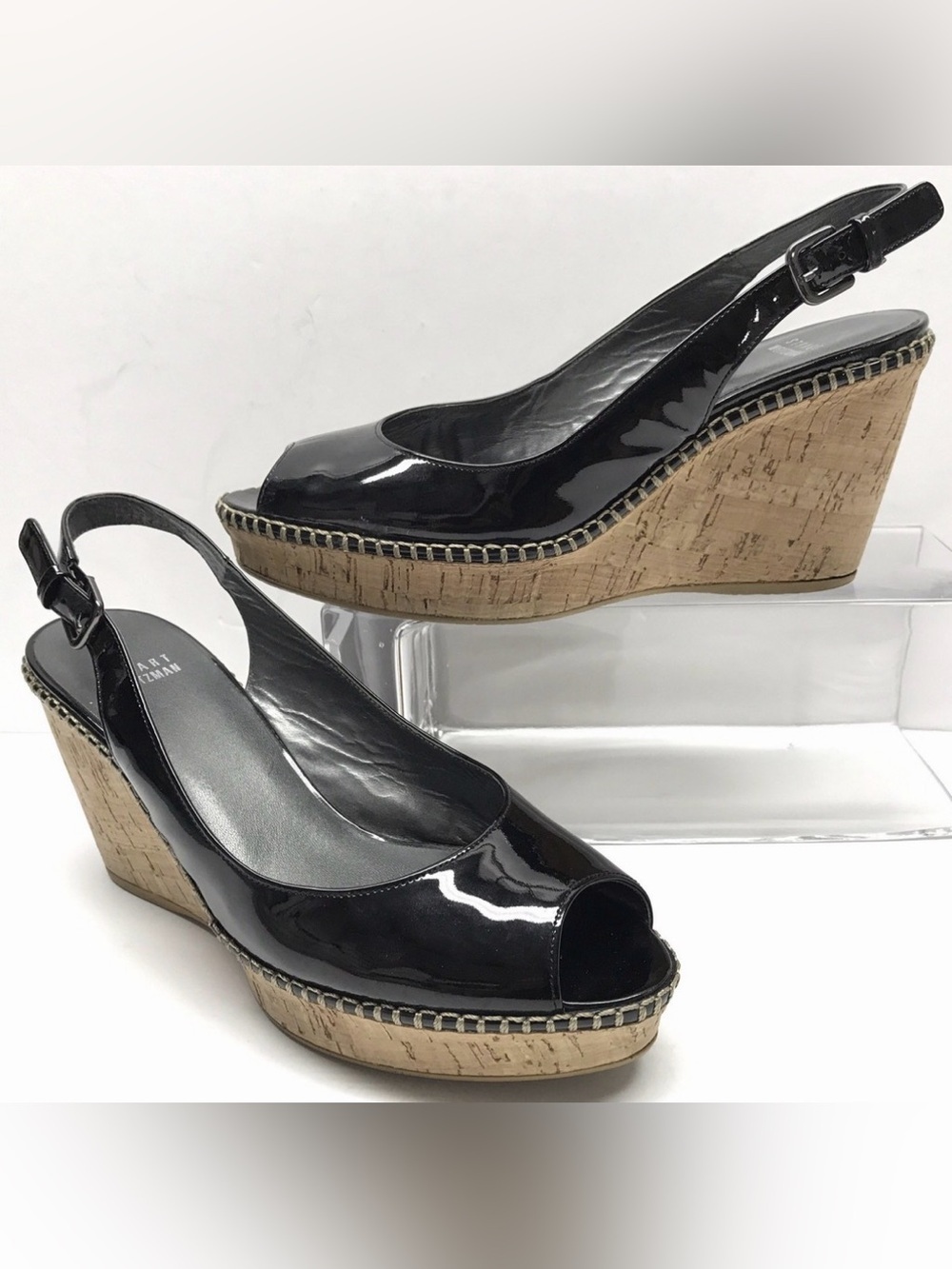 STUART WEITZMAN JEAN BLACK PATENT LEATHER SLINGBACK PEEP-TOE CORK WEDGE SANDALS